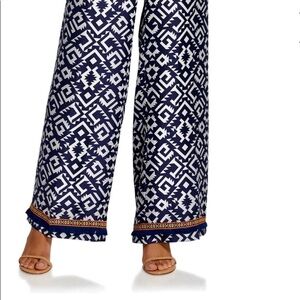 Maison Common Wide Leg Relaxed Silk Pants size 38 Blue/White Geometric